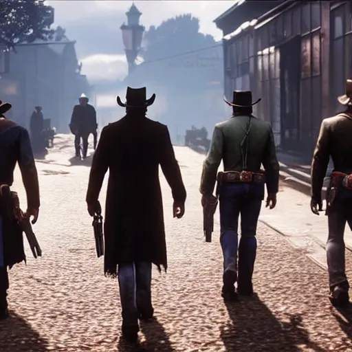 Image similar to cowboy androids walking the streets in Saint Denis in Red Dead Redemption 2 8k hyperdetailed photorealism HDR