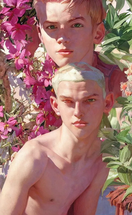 Prompt: androgynous cute pink haired teen boy wearing greek clothes, muted colors, colorful flowers, tropical, sunlight filtering through skin, j. c leyendecker, by alan lee, wlop! illustrated by starember, fantasy art by craig mullins cfg _ scale 8