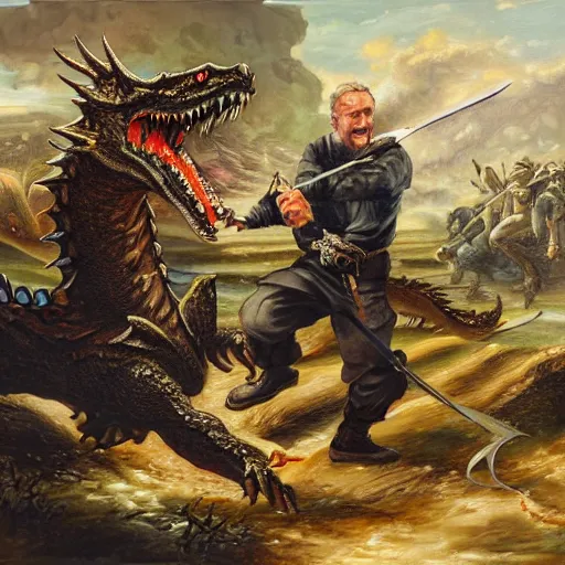 Prompt: a detailed oil painting of an action filled scene depicting jordan peterson slaying a dragon with a sword