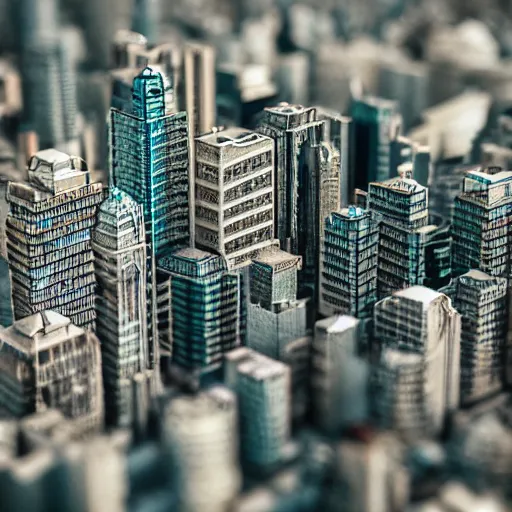 Image similar to macro shot of tiny cityscape, ultra detail, ultra realistic, hyper detailed, sharp focus, ray tracing, octane render