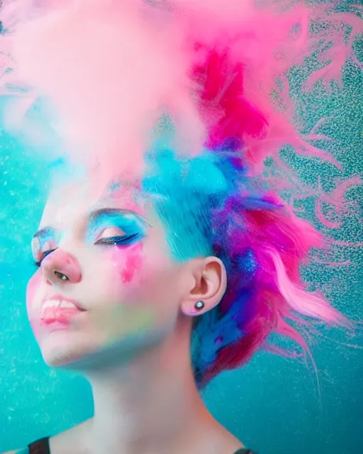 Image similar to a dramatic lighting photo of a beautiful young woman with cotton candy hair. paint splashes with a little bit of cyan and pink