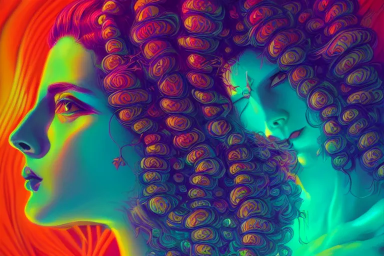 Prompt: photo of surreal medusa gorgo in vibrant lighting, elegant, highly detailed, smooth, sharp focus, trippy, dmt, psychedelic, illustration, beautiful, geometric, trending on artstation, cinematic, artwork by WLOP