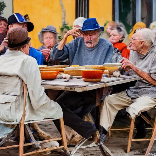 Image similar to a large crowd watching an elderly man eat soup, bold natural colors, national geographic photography, masterpiece, 8 k, raw, unedited, symmetrical balance