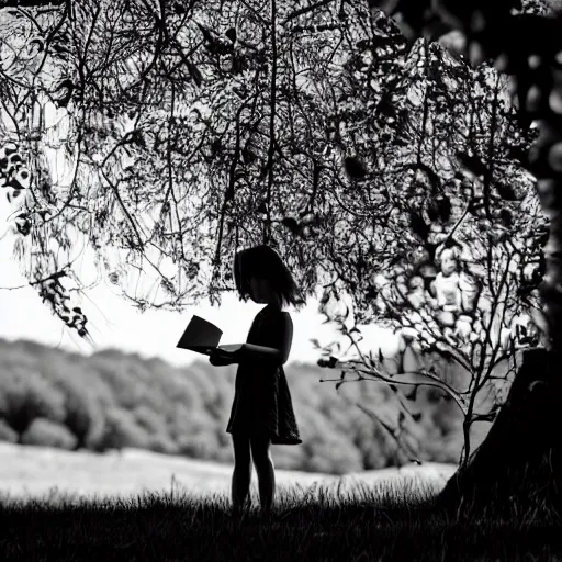 Prompt: shadow puppet style. girl reading a book under an apple tree in summer. folk horror.