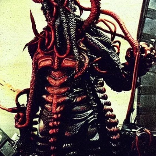 Image similar to cthulhu samurai, lots of cables and wiring. Photograph from blockbuster sci-fi film