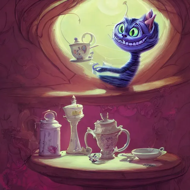 Image similar to cheshire cat drinking tea, by cory loftis, character art, very coherent, exquisite lighting, whimsical background, lighthearted, soft painting, masterpiece