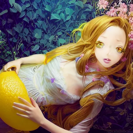 Image similar to the portrait of an absurdly beautiful, graceful, elegant, sophisticated, young teen anime girl made up of lemons looking up, an ultrafine hyperdetailed illustration by kim jung gi, irakli nadar, intricate linework, bright colors, octopath traveler, final fantasy, unreal engine 5 highly rendered, global illumination, radiant light, detailed and intricate environment