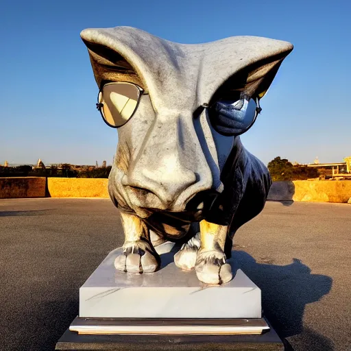 Prompt: shiny marble sculpture of moloch wearing round sunglasses, digital art, classical art, sharp focus, clear sky, muscular bull headed man, sunset