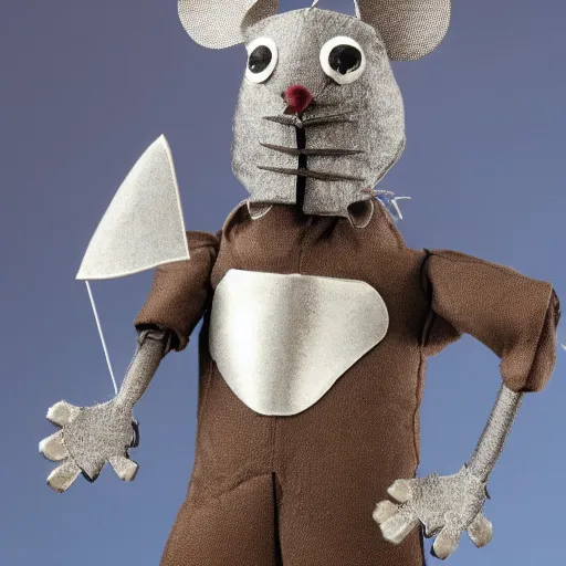 Prompt: a mouse wearing a shining suit of armor wielding a sewing needle, puppet, stop motion, felt