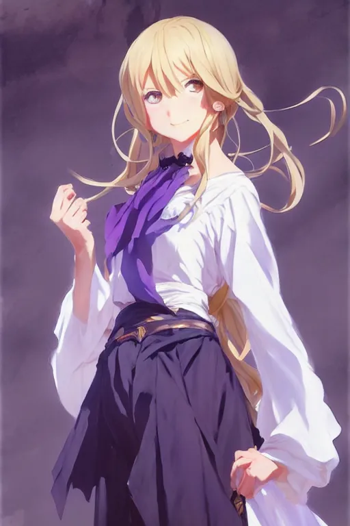 Prompt: greg manchess painting of anime art full body portrait character concept art, anime key visual of violet evergarden, j. c leyendecker, trending on pixiv fanbox, violet evergarden