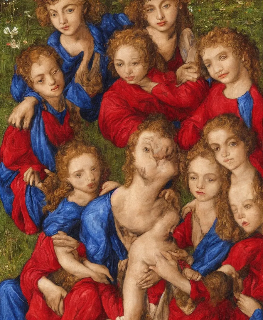 Prompt: Detailed Portrait of Madonna. In the Foreground is a Madonna with red shirt and blue cloth and two boys playing in the style of Raffael. Curly red hair. The boys are very small and only clothed with blue linen. They are sitting in a dried out meadow. One boy is playing with a cross. She is holding the other one back. Middleground is empty. On the horizon in the golden ratio, there is a lake with a town and mountains. Flat perspective.