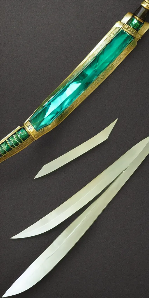 Image similar to photograph of a wide green and teal crystal double - edged sword blade attached to a big gold sword hilt