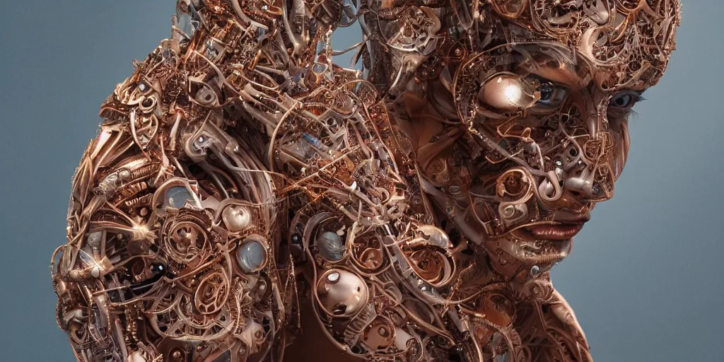 Image similar to hyperrealistic photography of a highly intricate, stunning, beautiful, perfect cyborg female, elbow, knee, intimate, hand holdings, in the style of beth cavener, jin kagetsu, chuck close, wlop, highly detailed face, symmetry, masterpiece, award - winning, sharp focus, concept art, ambient lighting, 8 k, artstation