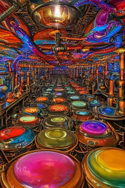 Image similar to beautiful matte colorful steampunk large room filled with steampipes and valves by alex grey