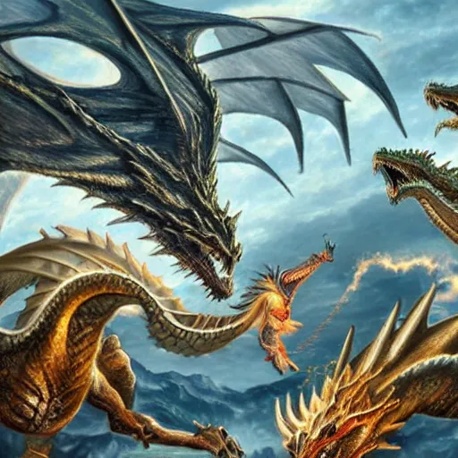 Prompt: Ancient dragons and humans fighting fiercely in the sky
