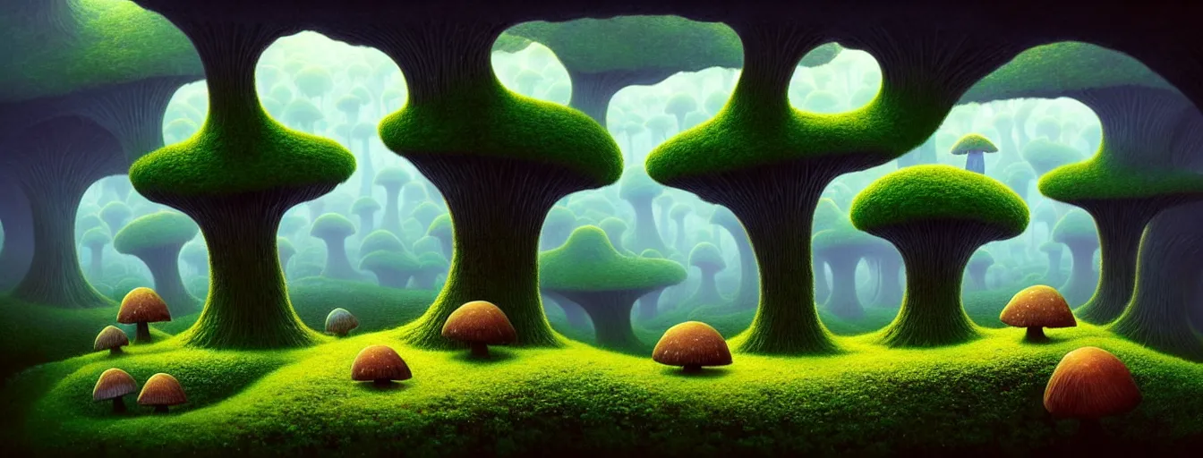 Image similar to gediminas pranckevicius beautiful and stunning professional digital artwork of a glowing mushroom cave, haze, spores floating in the air, vines, water, volumetric lighting, hyperrealistic, rtx on, ultra detail, barlowe wayne, maxfield parrish and marco mazzoni, miniature | no signature!