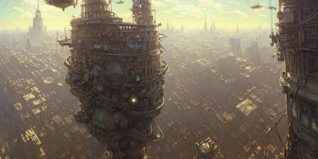 Image similar to steampunk airship above a busy city, exquisite details, denoised, mid view, by norman rockwell, karl kopinski, artsation, greg rutkowski, makoto shinkai, takashi takeuchi, studio ghibli