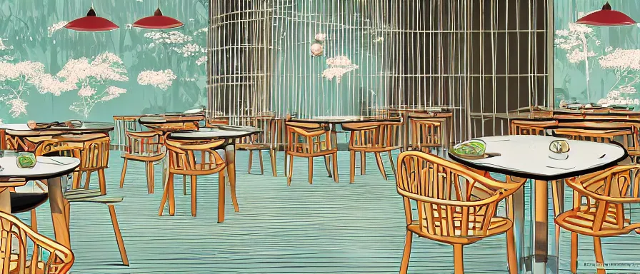 Image similar to a beautiful simple interior 4 k hd wallpaper illustration of small roasted string hotpot restaurant restaurant yan'an pagoda hill, animation illustrative style, from china, restaurant theme wallpaper is tower and mountains pagoda hill, rectangle white porcelain table, black chair, simple style structure decoration design, victo ngai, james jean, 4 k hd