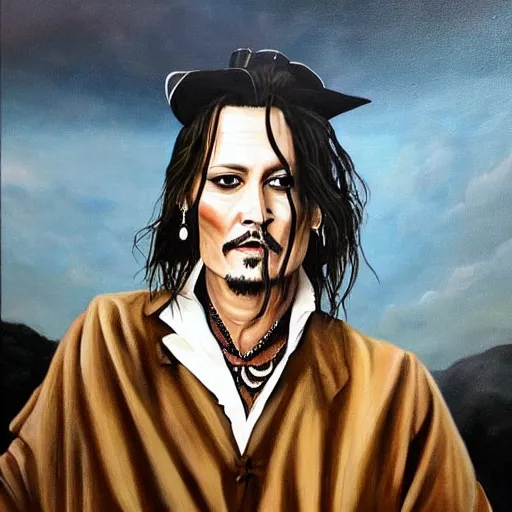 Image similar to a full length portrait painting of johnny depp painted during the dark ages in europe