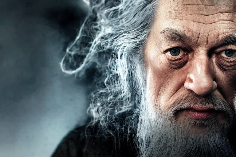 Prompt: gandalf intensely focused playing Call of Duty on the xbox, sitting in a gamers chair, close up of face, high details, wrinkles, reflection in his eyes, shadows, low angle photograph, blue light from monitor, dark room, cold colors, photo by annie leibovitz