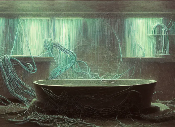 Image similar to A bathtub full of water, neon, RGB, glowing wires everywhere, decay, by Edgar Maxence and Ross Tran, Zdzisław Beksiński, and Michael Whelan, distant, gustav dore, H.R. Giger, 8k, octane render