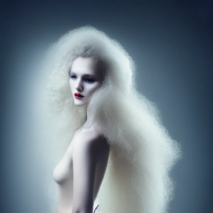 Image similar to photography of a beautiful woman with curly blond hair dressed in long white, fine art photography light painting in style of Paolo Roversi, professional studio lighting, volumetric lighting, dark background, hyper realistic photography, fashion magazine style