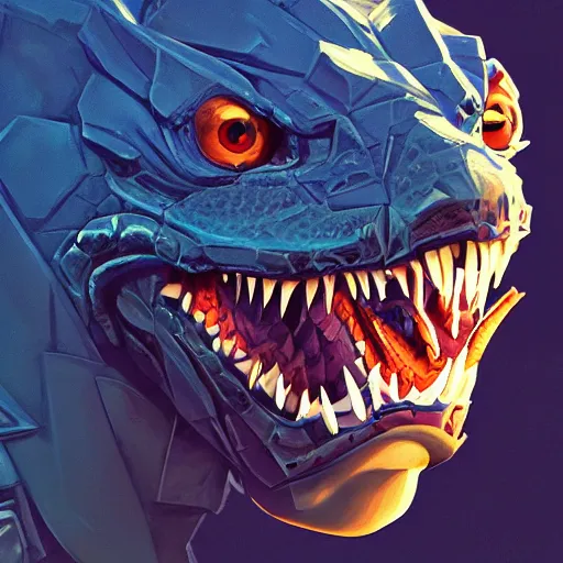 Image similar to portrait of an antropomorphic raptor knight, reptile face, dark blue scales, angry look, ready for battle, mattepainting concept blizzard pixar maya engine on cold night stylized background splash comics global illumination lighting artstation lois van baarle, ilya kuvshinov, rossdraws