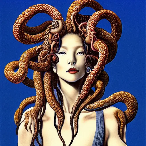 Prompt: portrait of the beautiful gorgon medusa standing on dais by hiroko sakai and kago shintaro and gerald brom and horley alex