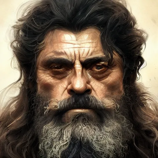 Image similar to emperor of the underworld, ian mcshane, curly black beard, d & d, fantasy, portrait, highly detailed, digital painting, trending on artstation, concept art, sharp focus, illustration, art by artgerm and greg rutkowski and magali villeneuve