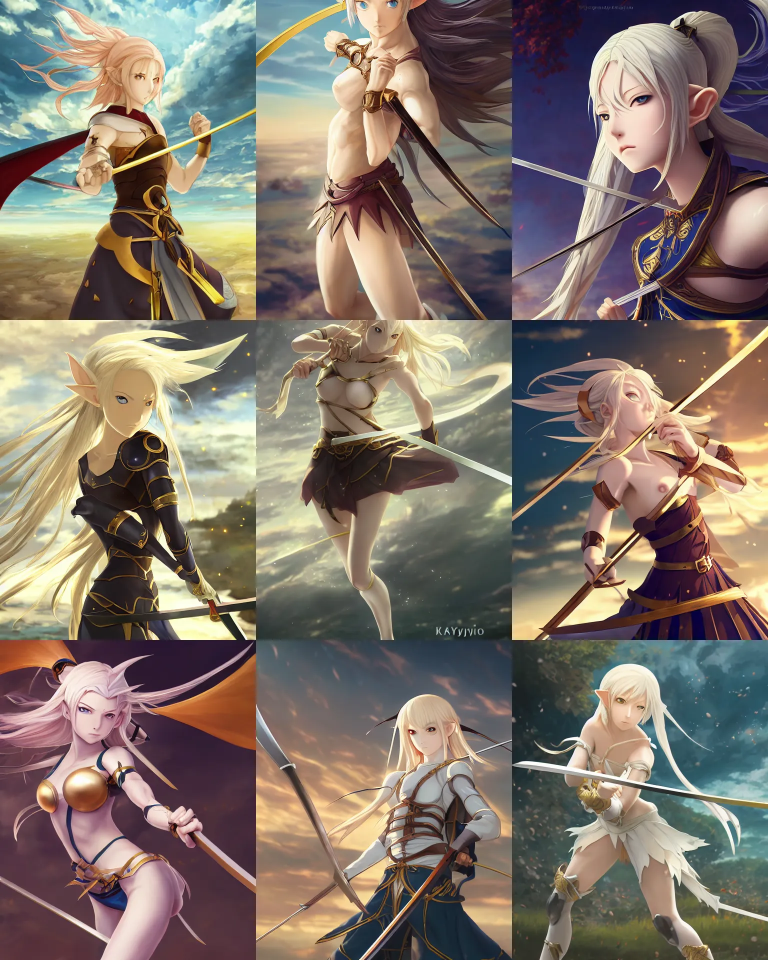 Prompt: renaissance art anime brave elf girl with white skin, strong pose, katana in hand, golden hair blowing the wind, trending artistic art, dynamic photography, centered, fate zero, detailed face, extremely high detailed, bokeh color background, studio ghibly makoto shinkai yuji yamaguchi, wlop
