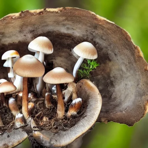 Image similar to real photo of a carnivore mushroom with some dead insects next to it