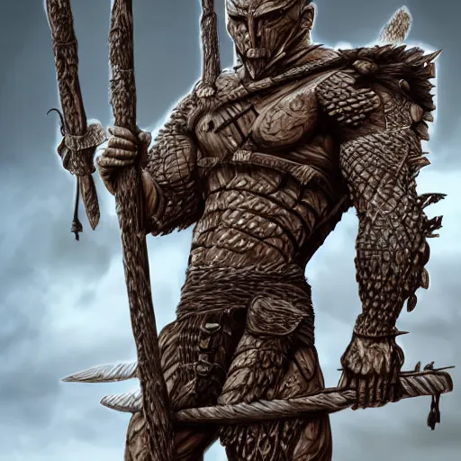 Image similar to muscular warrior with surface of tree - bark, wearing intricate stone wood vines armor, holding halberd with laser blade, battlefield, highly detailed, dramatic lighting, cinematic, sci - fi, hyperrealistic, detailed