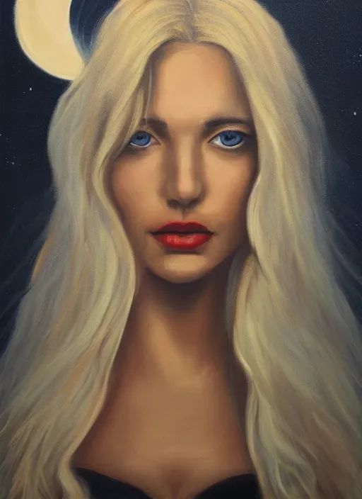 Prompt: portrait of beautiful blonde woman as a Dark evil witch, big moon in the background, oil painting by Unsplash
