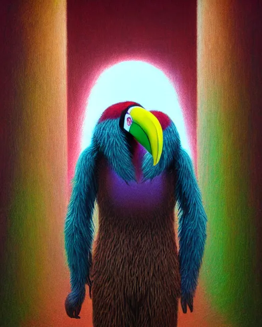 Prompt: realistic surreal painting of a bipedal sloth character, long curly fur, full skull shaped face cover, mage robe based on a toucan, 6 toucan beaks, in the style of zdzislaw beksinski, stylized, video animation, hogwarts legacy, chromatic aberration, super natural, neon glow