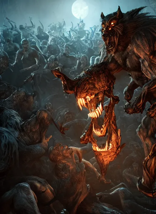 Image similar to a muscular werewolf fighting an endless army of skeletons, ultra detailed fantasy, elden ring, realistic, dnd, behance hd, artstation, global illumination radiating a glowing aura global illumination ray tracing hdr render in unreal engine 5