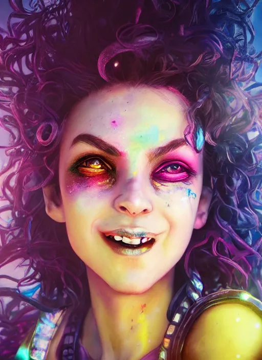 Image similar to an epic fantasy comic book style portrait painting of a girl wearing colorful makeup with a smile and curly brown hair stepping out of a doorway with light shining behind her, unreal 5, daz, hyperrealistic, octane render, cosplay, rpg portrait, dynamic lighting