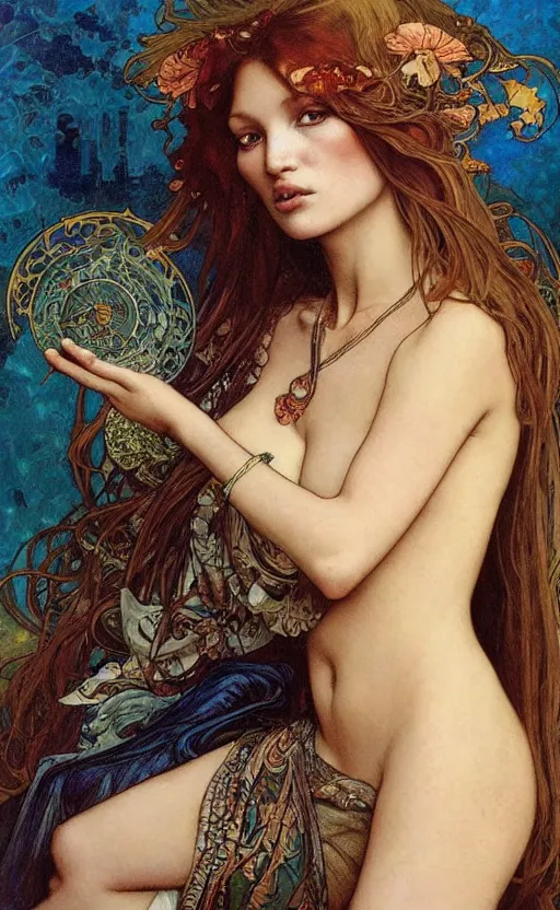 Prompt: “realistic detailed face portrait of young Kate Moss as Salome by Alphonse Mucha, Ayami Kojima, Amano, Charlie Bowater, Karol Bak, Greg Hildebrandt, Jean Delville, and Mark Brooks, Art Nouveau, Neo-Gothic, Surreality, gothic, rich deep moody colors”