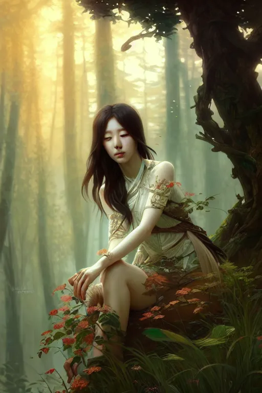 Prompt: beautiful digital painting of a hoyeon jung as a stylish female forest with high detail, 8 k, stunning detail, works by artgerm, greg rutkowski and alphonse mucha, unreal engine 5, 4 k uhd