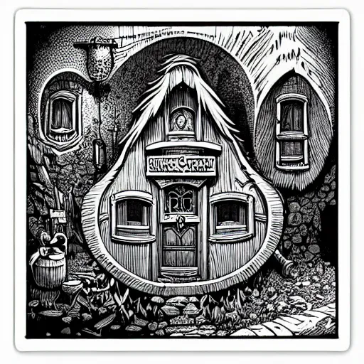 Image similar to square sticker of a hobbit palace, by joe fenton, white background, masterpiece