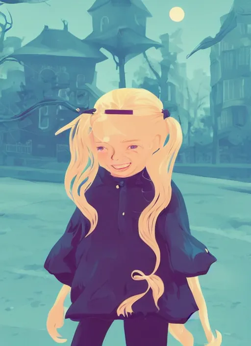 Image similar to little girl, toddler, with long blonde hair on halloween. clean cel shaded vector art. shutterstock. behance hd by lois van baarle, artgerm, helen huang, by makoto shinkai and ilya kuvshinov, rossdraws, illustration, art by ilya kuvshinov