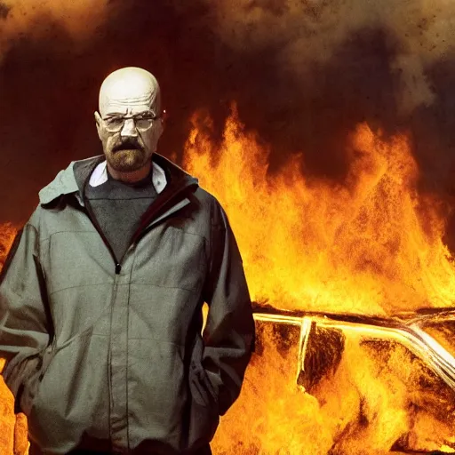 Prompt: walter white standing in front of a building on fire, highly detailed, 4 k