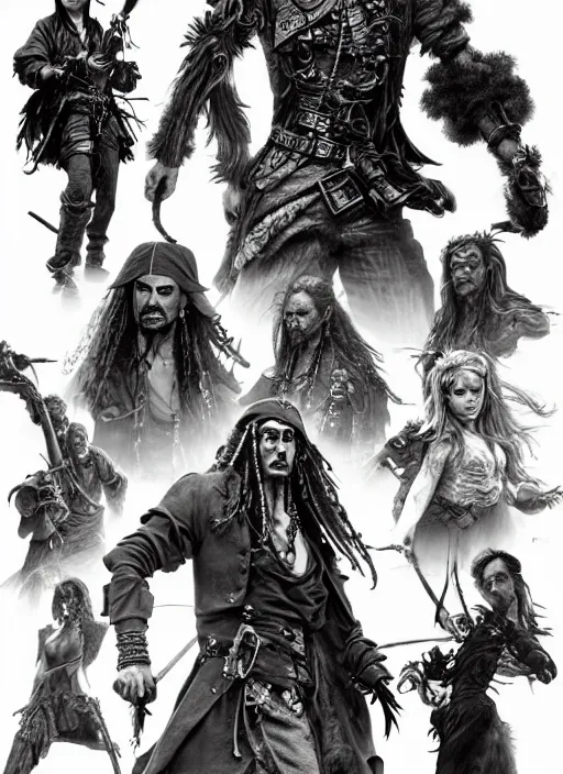 Prompt: detailed pencil spot illustrations of various character concepts from cyberpunk and pirates of the caribbean movie, various poses, by burne hogarth, by bridgeman, by anthony ryder, by yoshitaka amano, by ruan jia, by conrad roset, by mucha, artstation, artstation.