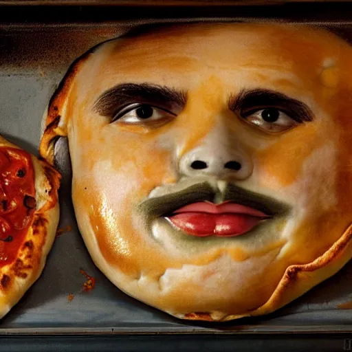 Image similar to al capone as a calzone being turned into a calzone as a calzone but still with the face of al capone being baked in an oven as a calzone, realistic, hyperrealistic, ultra realistic, real, real world, highly detailed, very detailed, extremely detailed, intricate details, 8 k resolution, hd quality