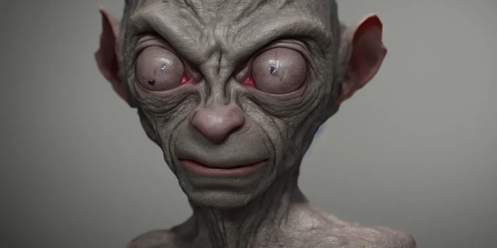 Image similar to needle felt portrait of gollum, very detailed, tilt shift, eerie, unreal engine, hyper realism, realistic shading, cinematic composition, blender render, octane render, hdr, detailed textures, photorealistic