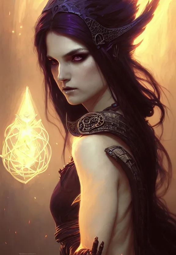 Image similar to Necromancer Sorceress in center, fantasy magic, undercut hairstyle, dark light night, intricate, elegant, sharp focus, illustration, highly detailed, digital painting, concept art, matte, art by WLOP and Artgerm and Greg Rutkowski and Alphonse Mucha, masterpiece