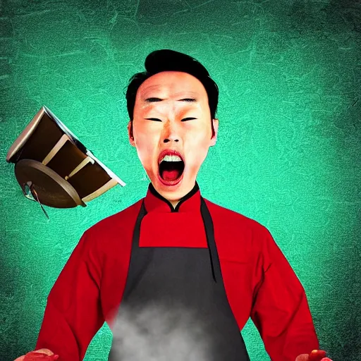 Prompt: dystopian portrait of crazy teppanyaki chef yelling. high quality digital art.