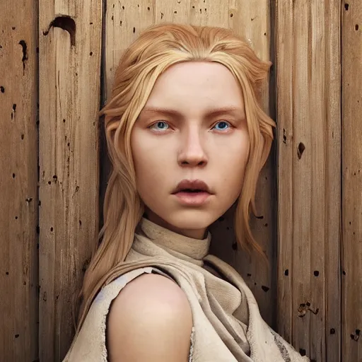 Prompt: epic cinematic shot of beautiful scandinavian princess with symmetrical face stunning eyes and long blonde standing against wooden wall surrounded full of bulletholes, weta disney pixar, hi - fructose, decadent highly - detailed digital painting, golden ratio, octane render, artstation, cinematic composition, smooth, sharp focus, artgerm, mucha, loish, wlop hdr