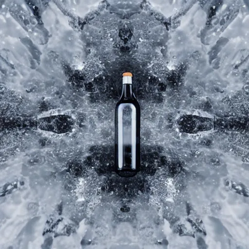 Prompt: symmetrical photo of bottle standing on ice surface