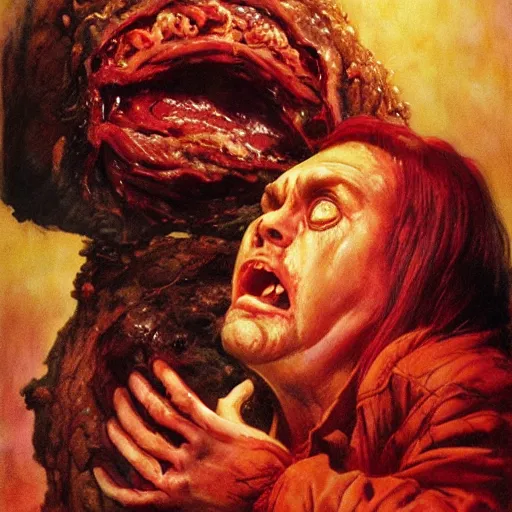 Image similar to big eyes wide open, horrific sentient meatloaf, holding meatloaf, sloppy, gross, meatloaf, hyper realistic, terrifying, disturbing, strange, bizarre, masterpiece, 4 k, vivid colors, elegant, highly detailed, john park, frazetta, john howe, ruan jia, jeffrey catherine jones