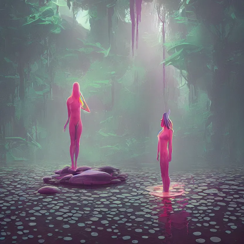 Prompt: tranquil queen submerging wisdom in the ecosystem acrylic painting by Beeple and CGSociety